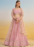Prominent Thread Embroidery Light Pink Net Lehenga Choli With Dupatta