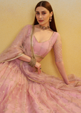 Prominent Thread Embroidery Light Pink Net Lehenga Choli With Dupatta