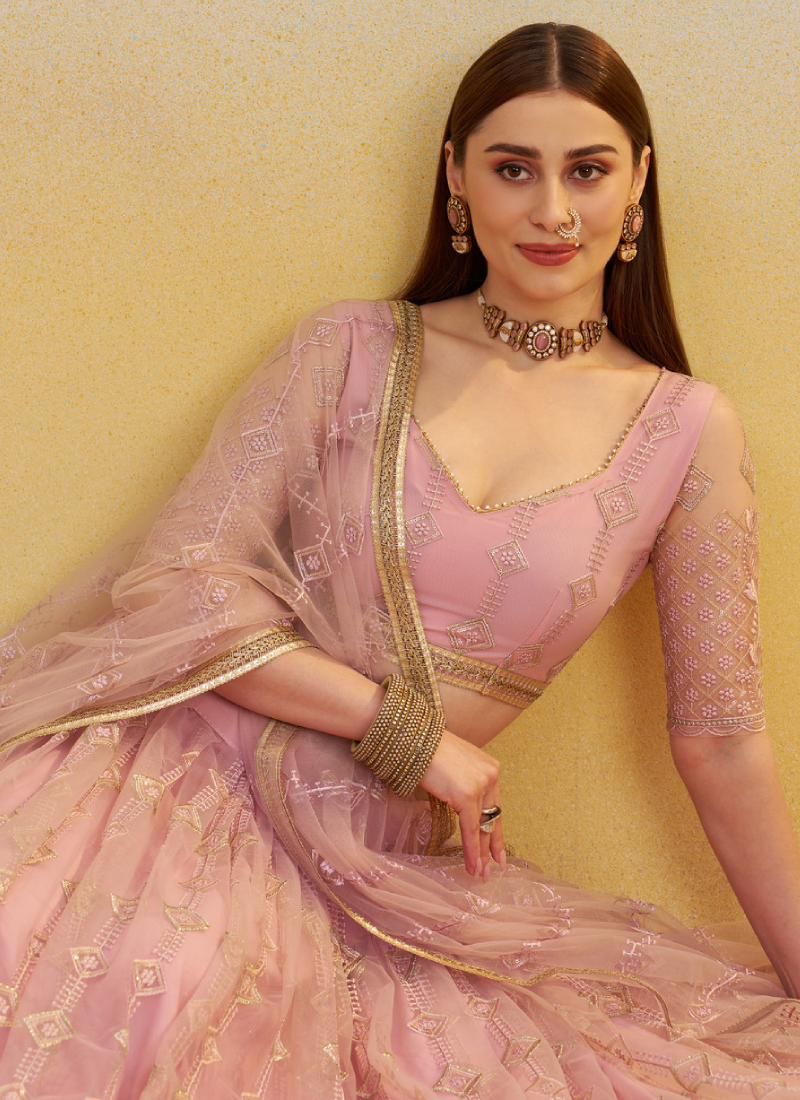 Prominent Thread Embroidery Light Pink Net Lehenga Choli With Dupatta