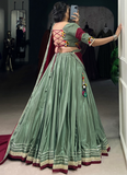 Pure Crepe Silk Gota Patti Lace Green Ghagra With Gamthi Work Choli