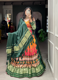 Pure Gaji Silk Bandhej Print Green Navratri Lehenga Choli