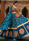 Pure Rayon Printed With Gamthi Embroidery Work Teal Blue Lehenga Choli