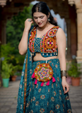 Pure Rayon Printed With Gamthi Embroidery Work Teal Blue Lehenga Choli