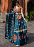 Pure Rayon Printed With Gamthi Embroidery Work Teal Blue Lehenga Choli