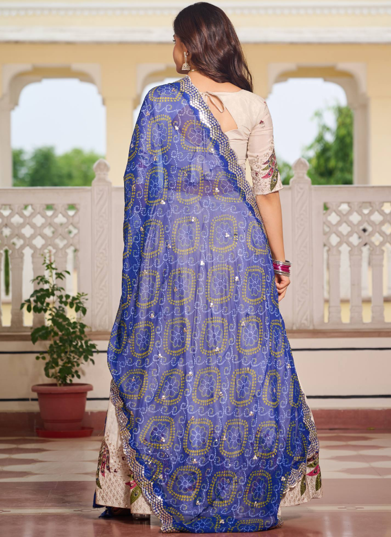 Pure Tissue Silk Multi Thread Embroidered Cream Lehenga Choli For Women