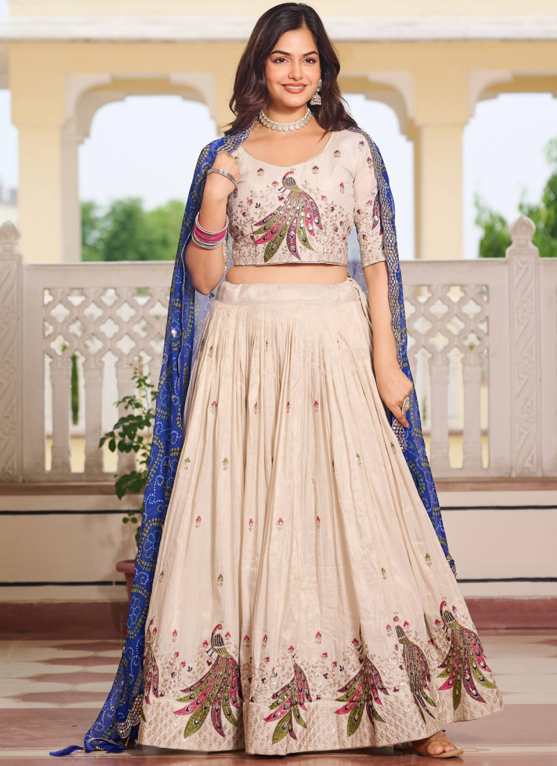 Pure Tissue Silk Multi Thread Embroidered Cream Lehenga Choli For Women