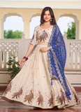 Pure Tissue Silk Multi Thread Embroidered Cream Lehenga Choli For Women