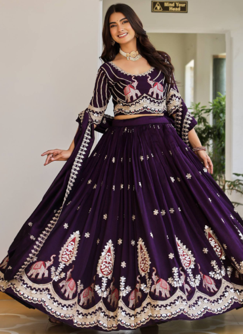Pure Vichitra Silk Thread Sequence Embroidered Purple Lehenga Choli