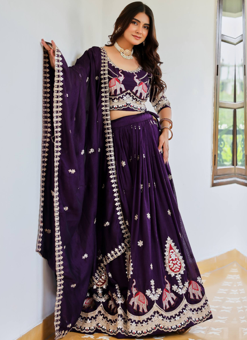 Pure Vichitra Silk Thread Sequence Embroidered Purple Lehenga Choli