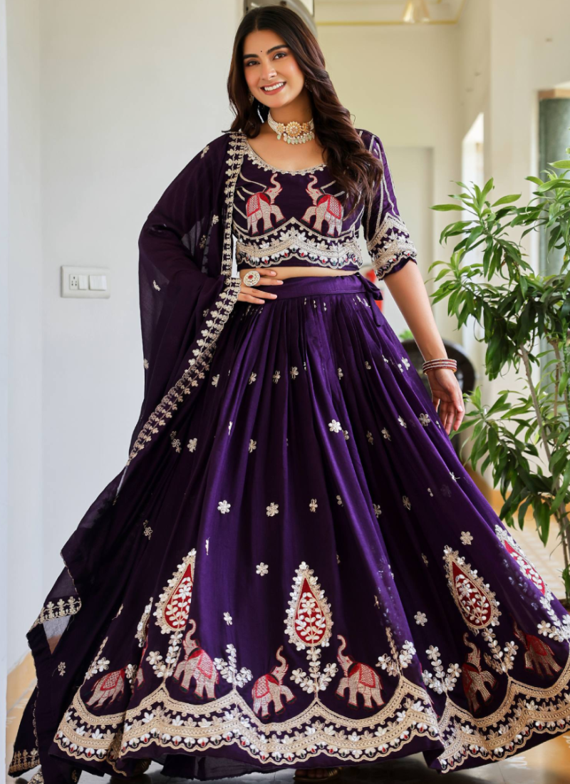 Pure Vichitra Silk Thread Sequence Embroidered Purple Lehenga Choli