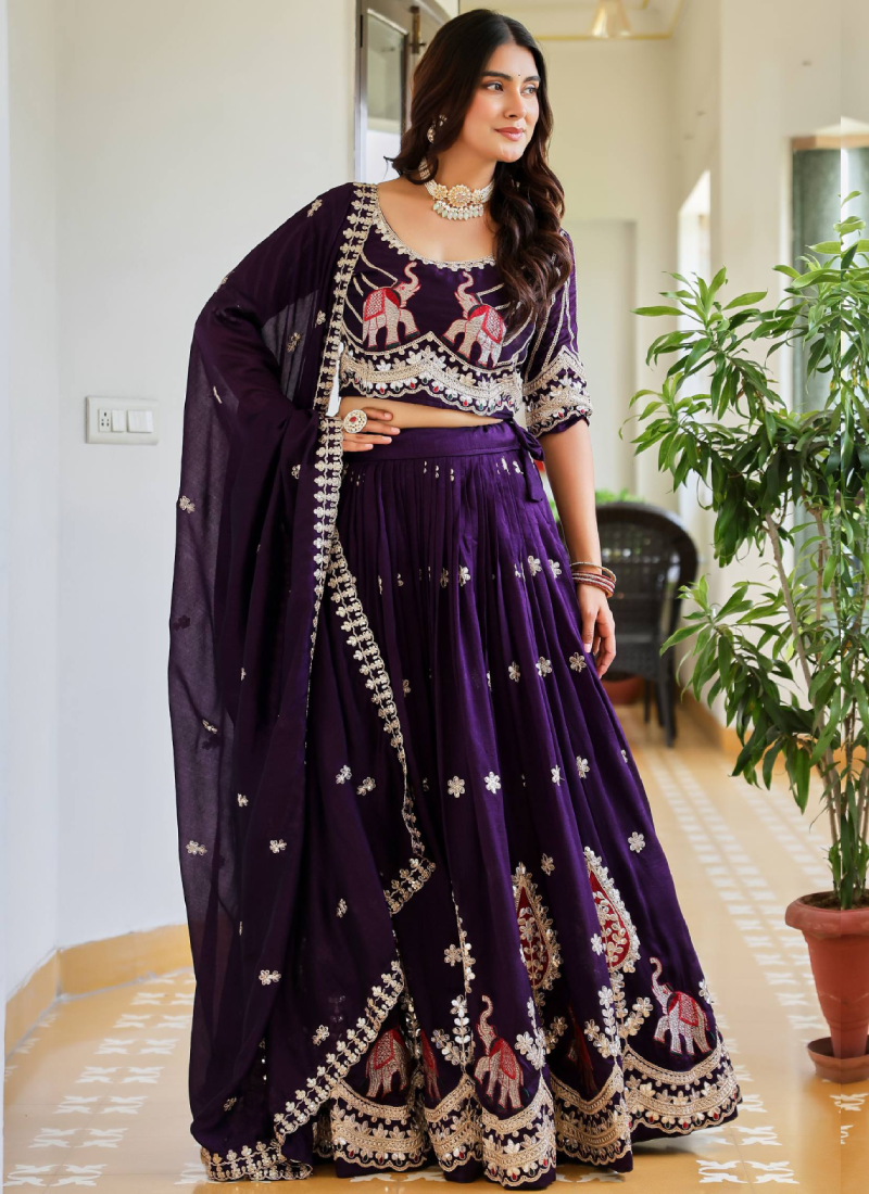 Pure Vichitra Silk Thread Sequence Embroidered Purple Lehenga Choli