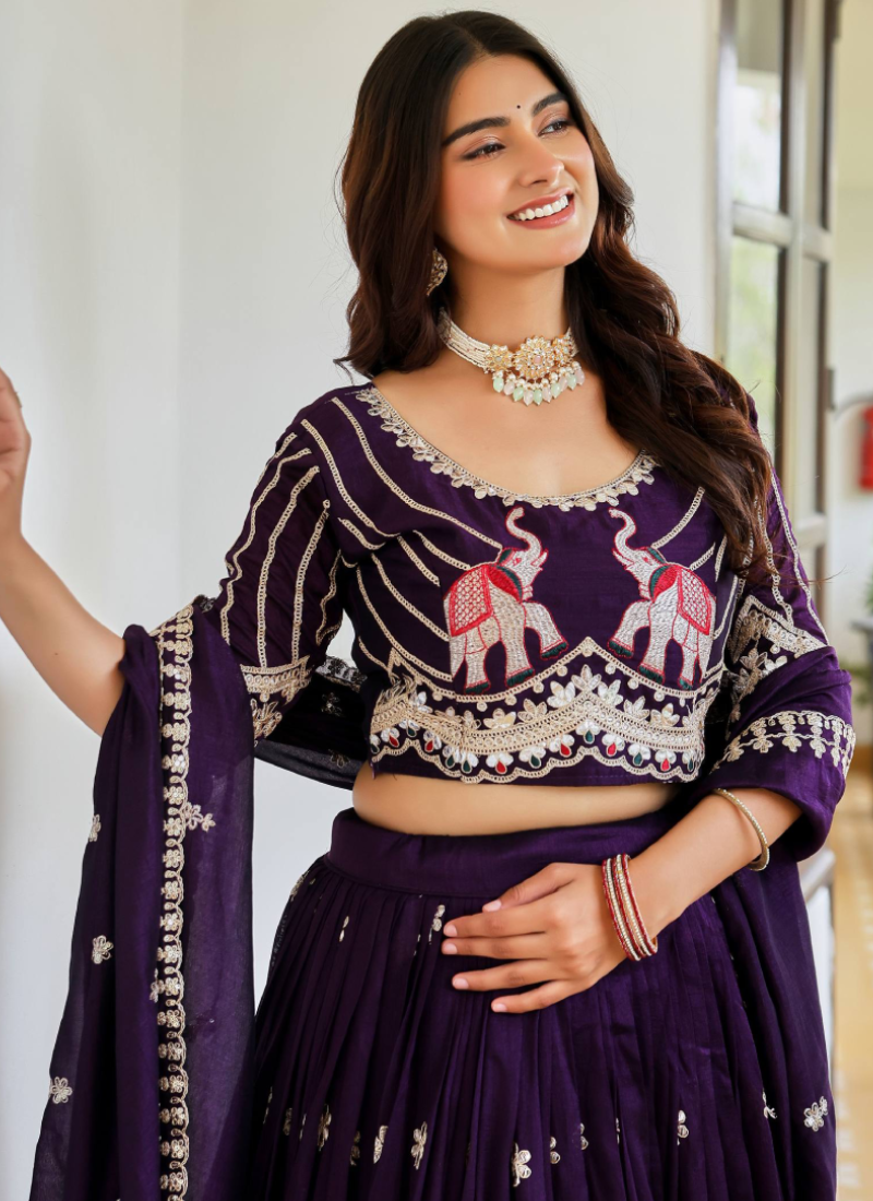 Pure Vichitra Silk Thread Sequence Embroidered Purple Lehenga Choli
