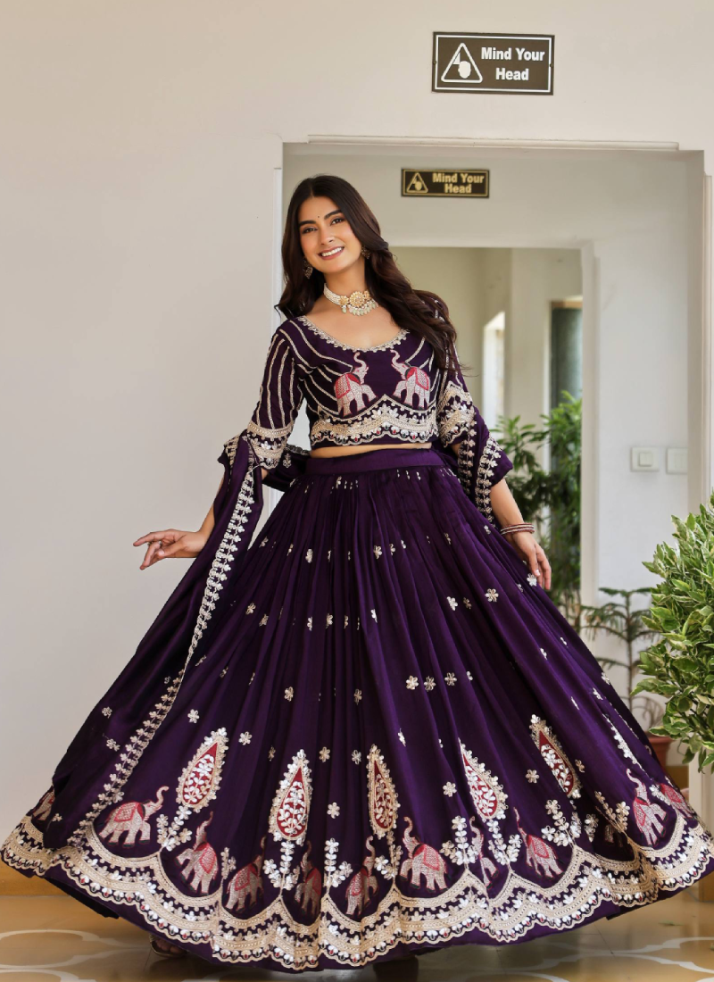 Pure Vichitra Silk Thread Sequence Embroidered Purple Lehenga Choli