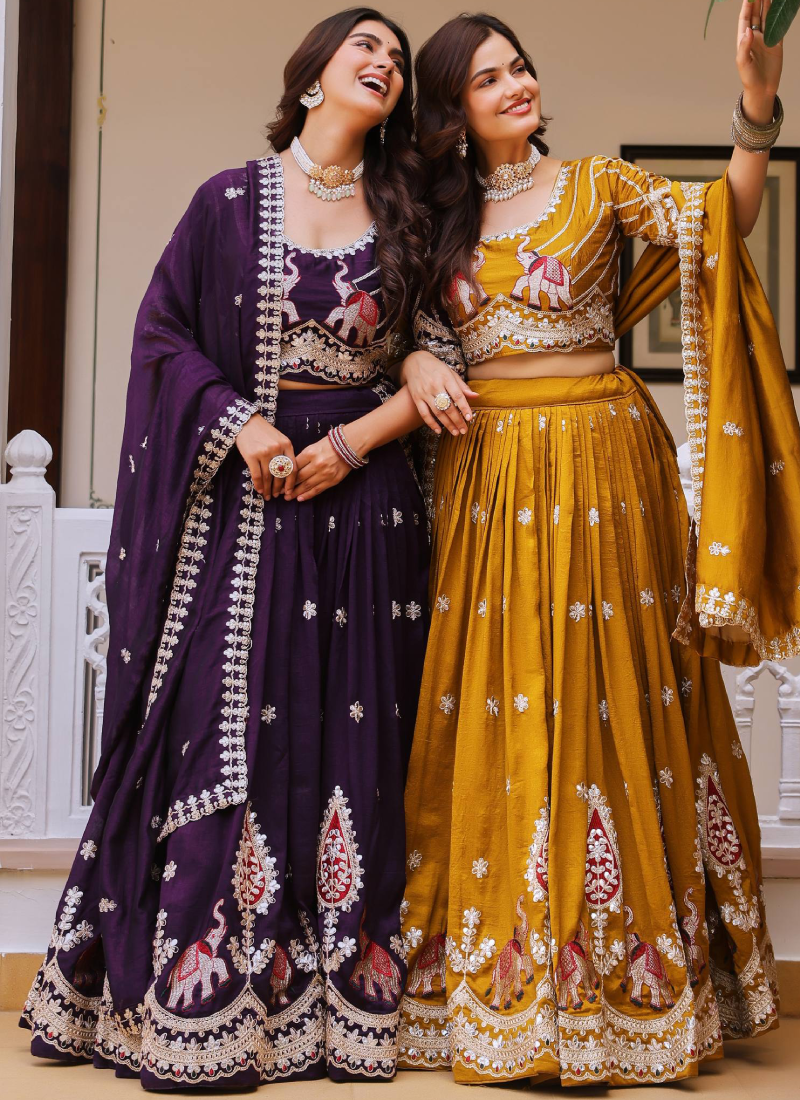 Pure Vichitra Silk Thread Sequence Embroidered Purple Lehenga Choli