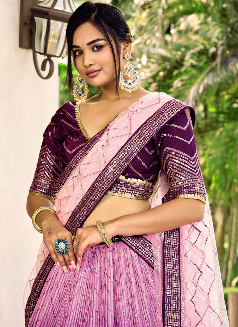 Purple Chinon Sequence Embroidered Work Indian Heavy Lehenga Choli