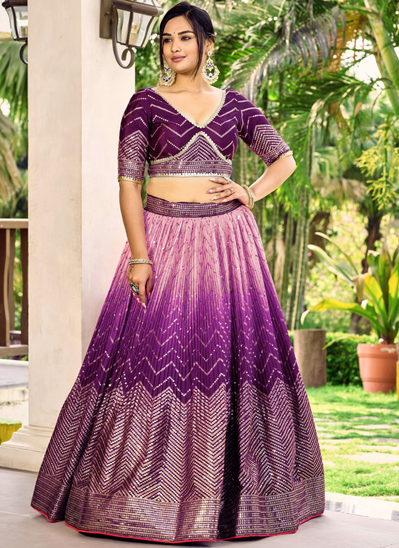 Purple Chinon Sequence Embroidered Work Indian Heavy Lehenga Choli