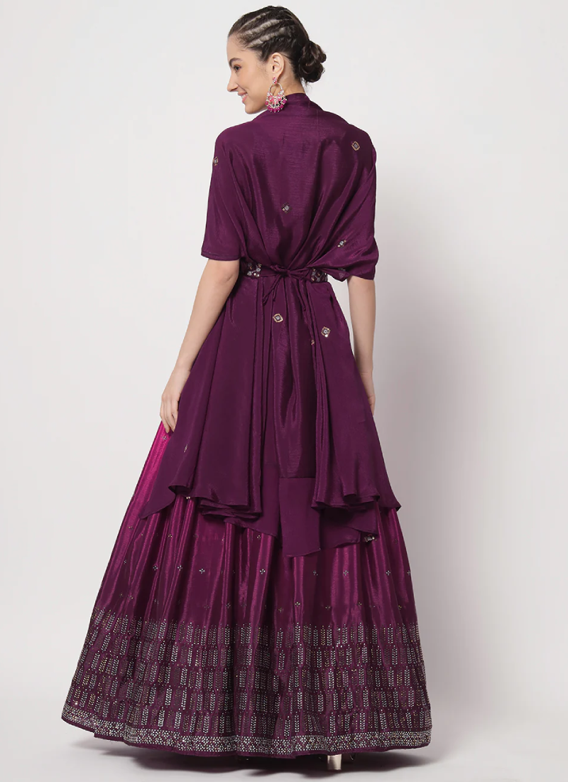 Purple Chinon Silk Mukaish Work Designer Lehenga Choli Set