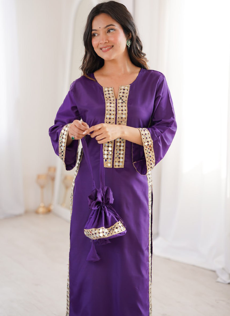 Purple Crepe Silk Real Mirror Lace Border Kurta Pant With Batwa Potli