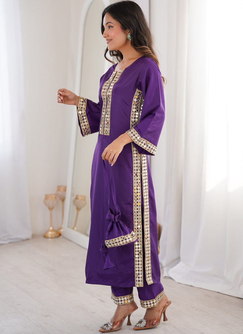 Purple Crepe Silk Real Mirror Lace Border Kurta Pant With Batwa Potli