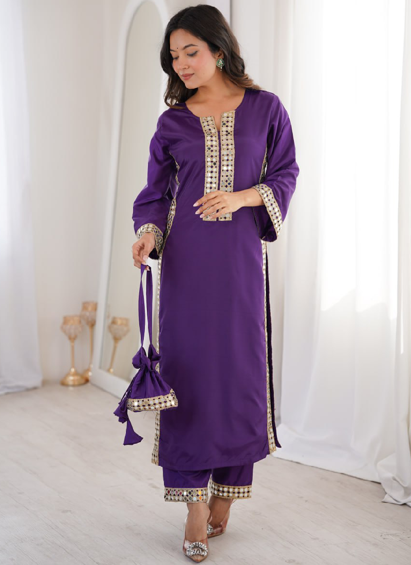 Purple Crepe Silk Real Mirror Lace Border Kurta Pant With Batwa Potli