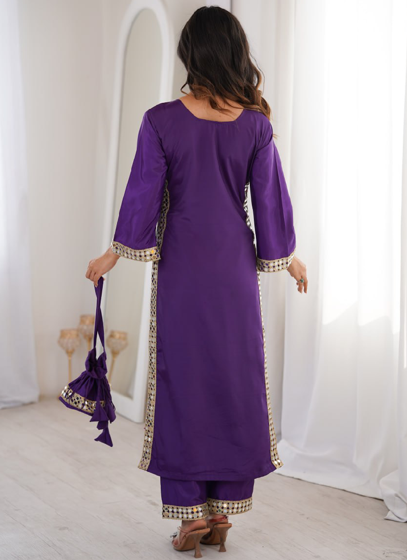 Purple Crepe Silk Real Mirror Lace Border Kurta Pant With Batwa Potli