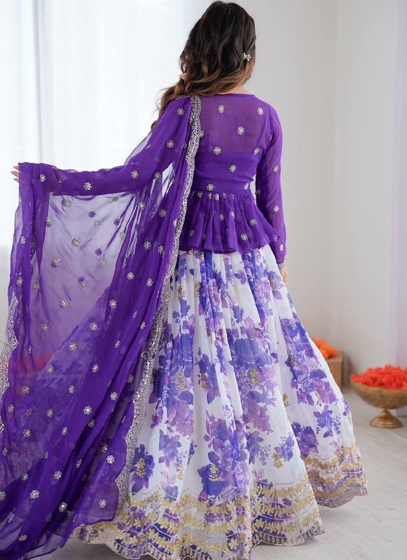 Purple Digital Floral Printed Faux Georgette Embroidered Lehenga Choli