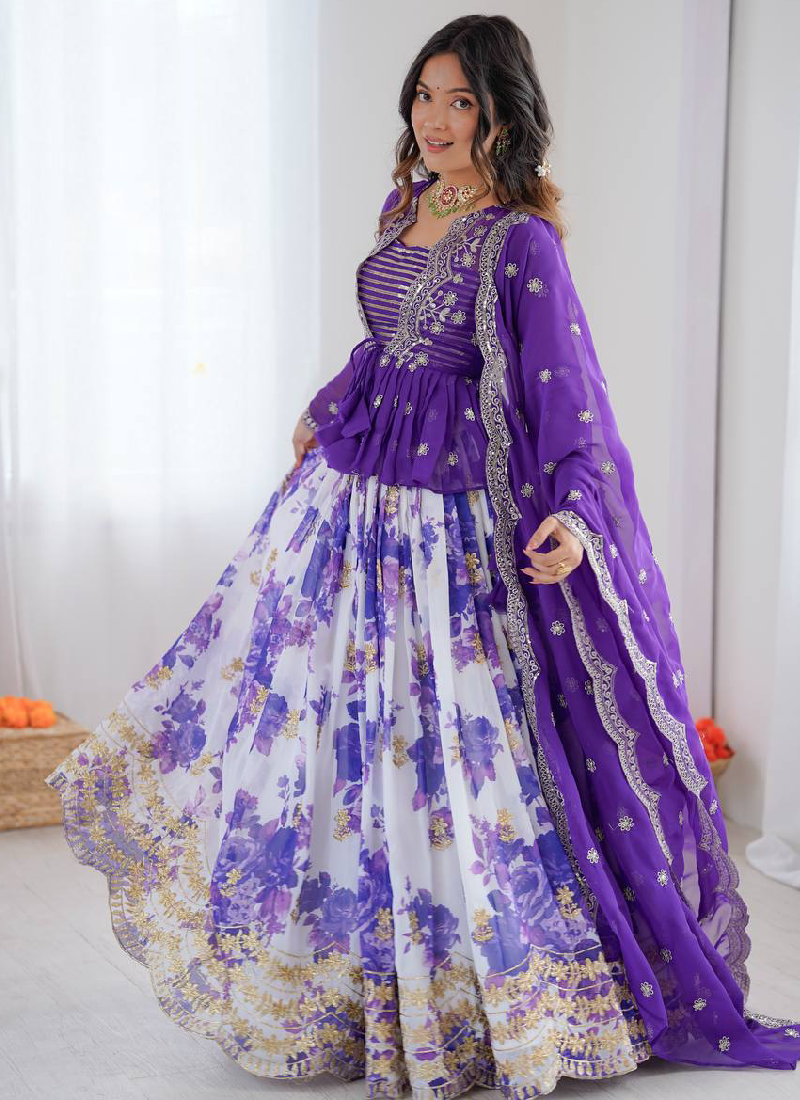 Purple Digital Floral Printed Faux Georgette Embroidered Lehenga Choli