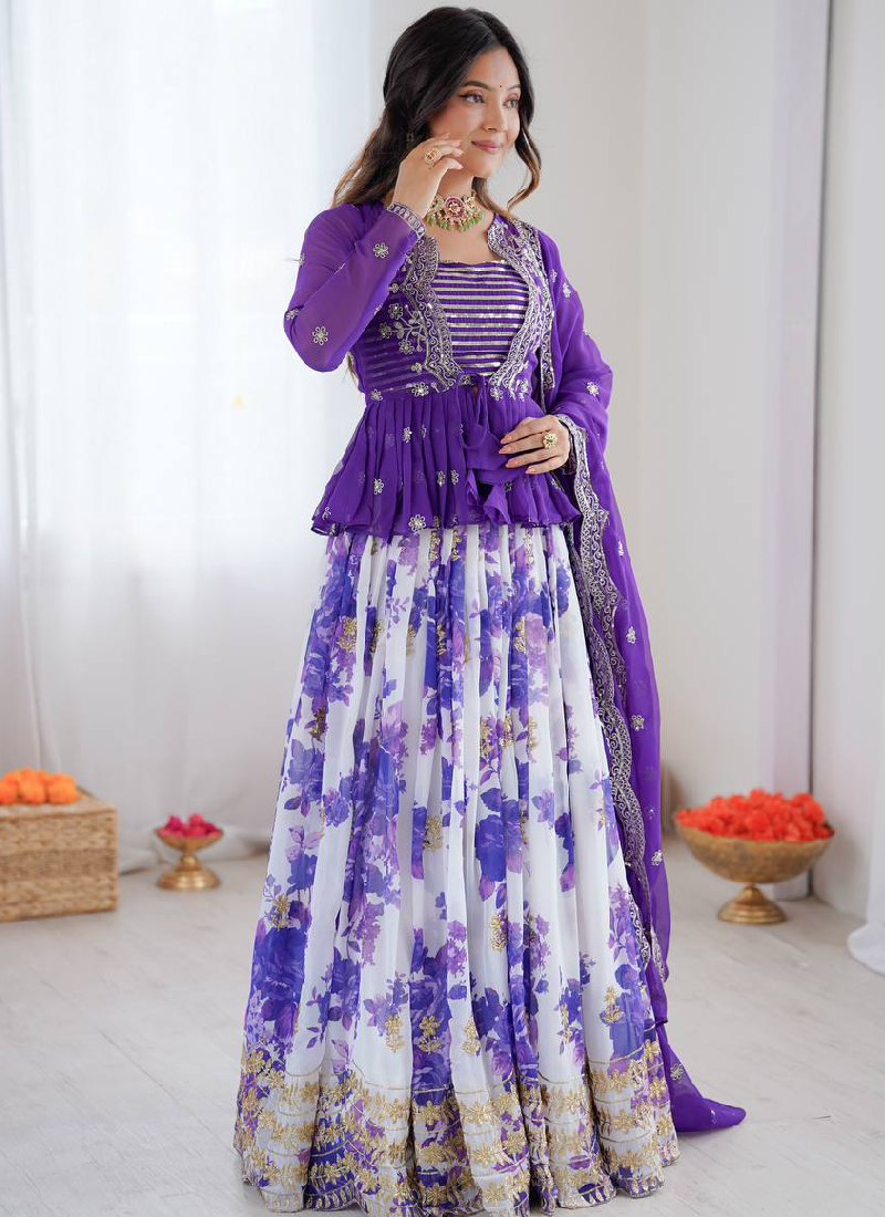 Purple Digital Floral Printed Faux Georgette Embroidered Lehenga Choli