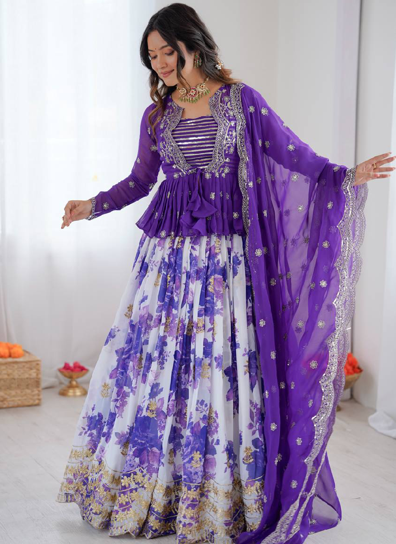 Purple Digital Floral Printed Faux Georgette Embroidered Lehenga Choli