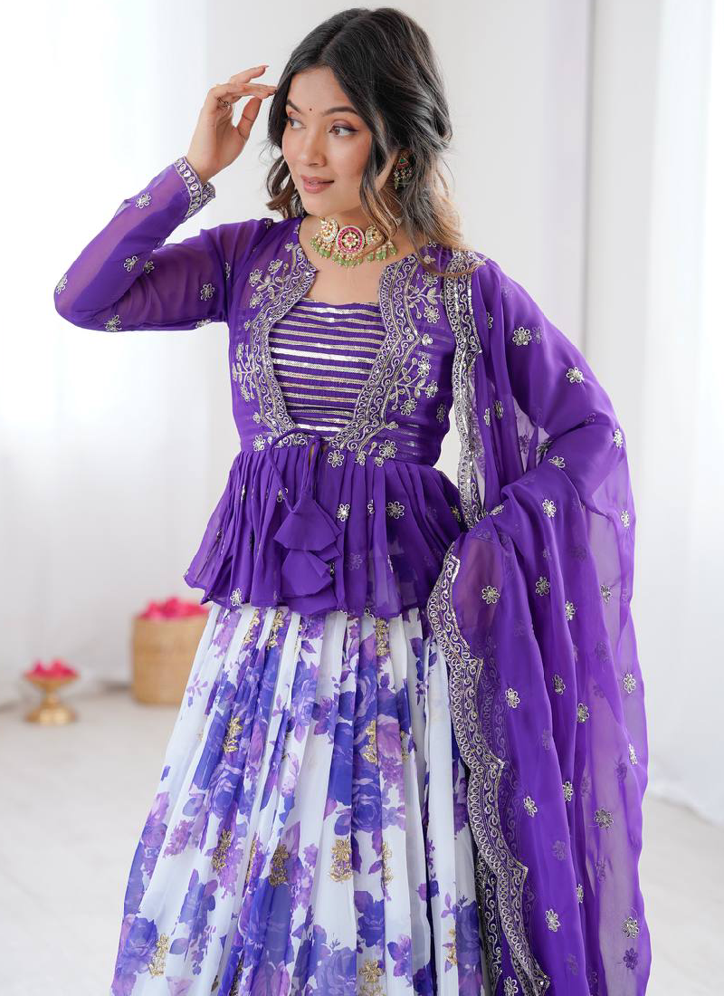 Purple Digital Floral Printed Faux Georgette Embroidered Lehenga Choli