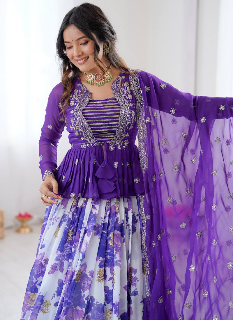 Purple Digital Floral Printed Faux Georgette Embroidered Lehenga Choli