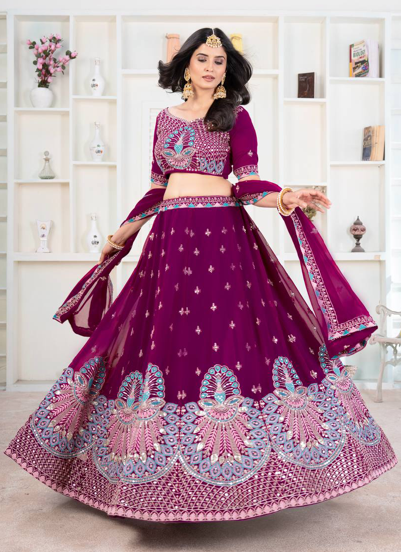 Purple Georgette Sequence Embroidered Lehenga Choli With Dupatta