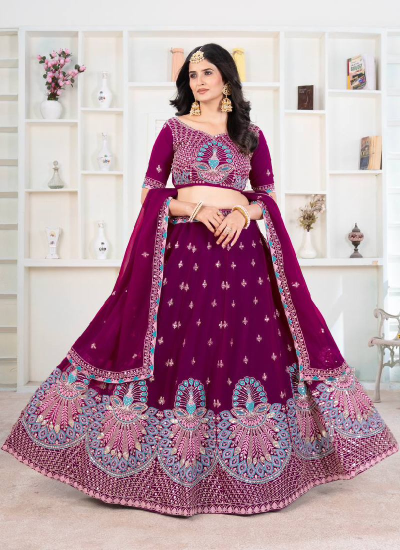 Purple Georgette Sequence Embroidered Lehenga Choli With Dupatta