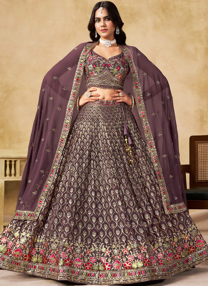 Purple Georgette Zari Sequence Embroidery Work Beautiful Lehenga Choli