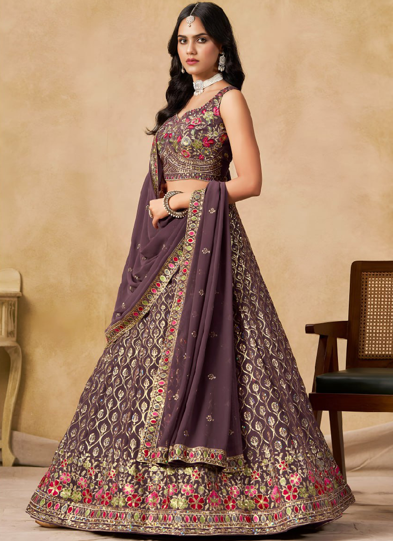 Purple Georgette Zari Sequence Embroidery Work Beautiful Lehenga Choli