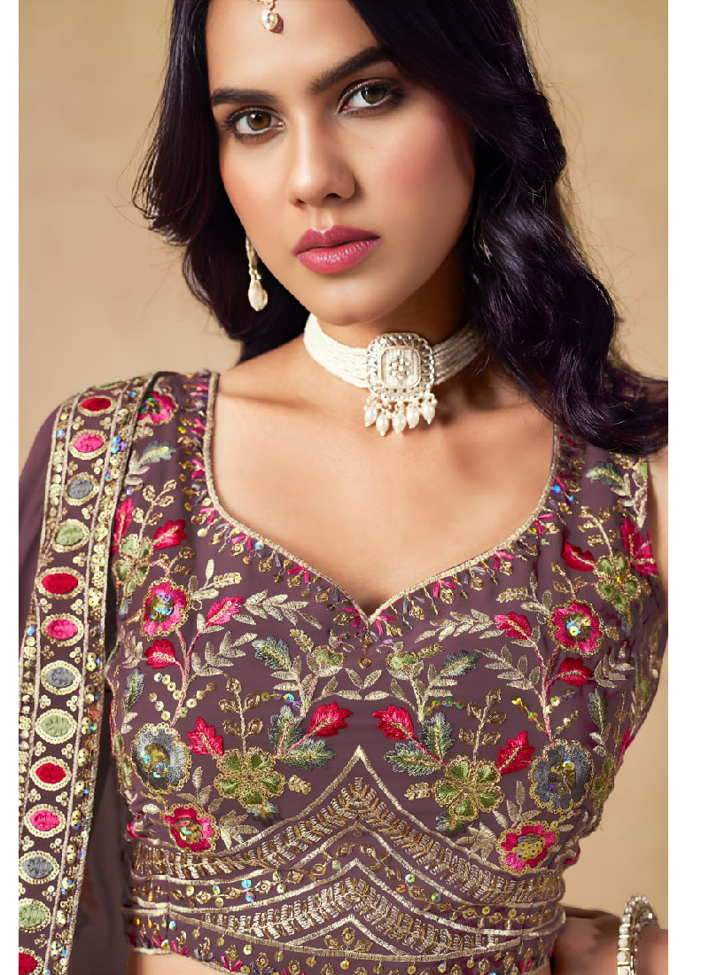 Purple Georgette Zari Sequence Embroidery Work Beautiful Lehenga Choli