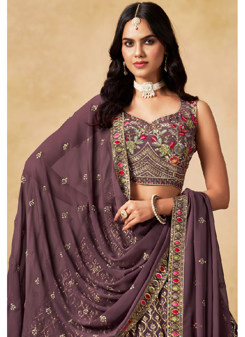 Purple Georgette Zari Sequence Embroidery Work Beautiful Lehenga Choli