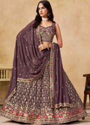 Purple Georgette Zari Sequence Embroidery Work Beautiful Lehenga Choli