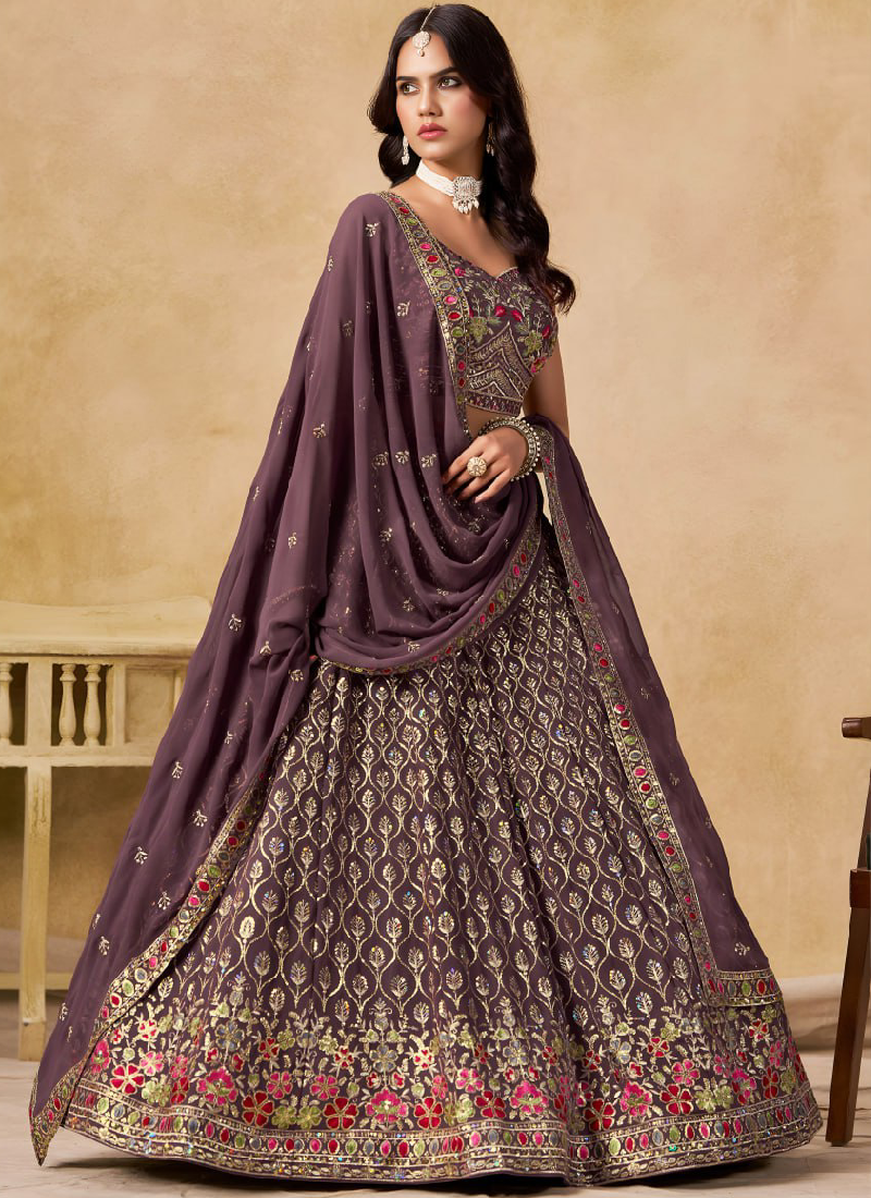 Purple Georgette Zari Sequence Embroidery Work Beautiful Lehenga Choli