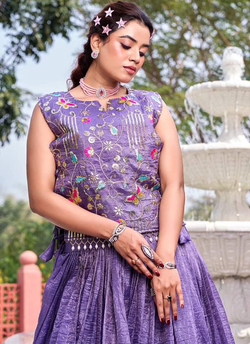 Purple Gold Crush Lehenga With Sequence Embroidered Blouse And Shrug