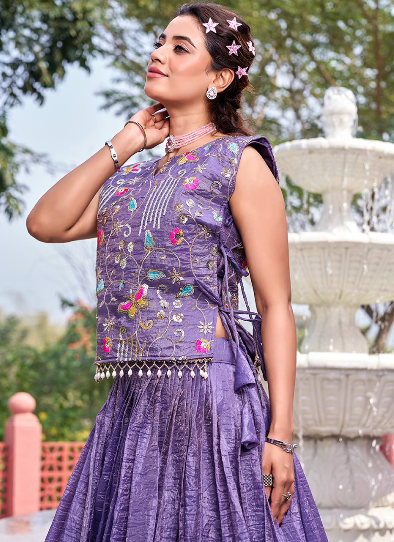 Purple Gold Crush Lehenga With Sequence Embroidered Blouse And Shrug