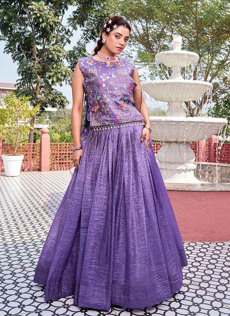 Purple Gold Crush Lehenga With Sequence Embroidered Blouse And Shrug