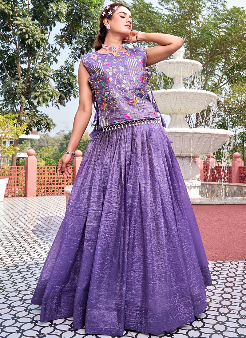 Purple Gold Crush Lehenga With Sequence Embroidered Blouse And Shrug