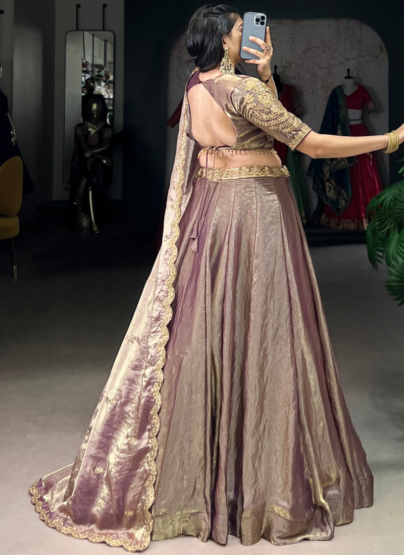 Purple Plain Fendi Organza Lehenga With Thread Embroidered Blouse