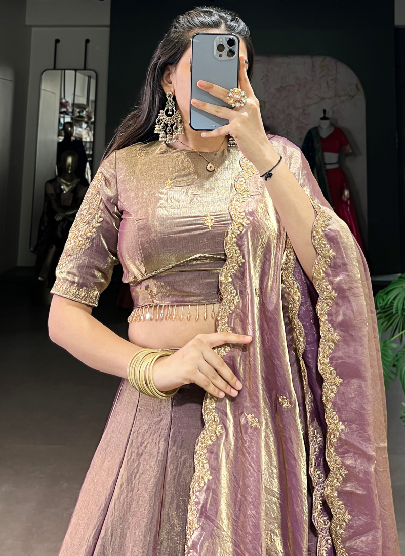 Purple Plain Fendi Organza Lehenga With Thread Embroidered Blouse
