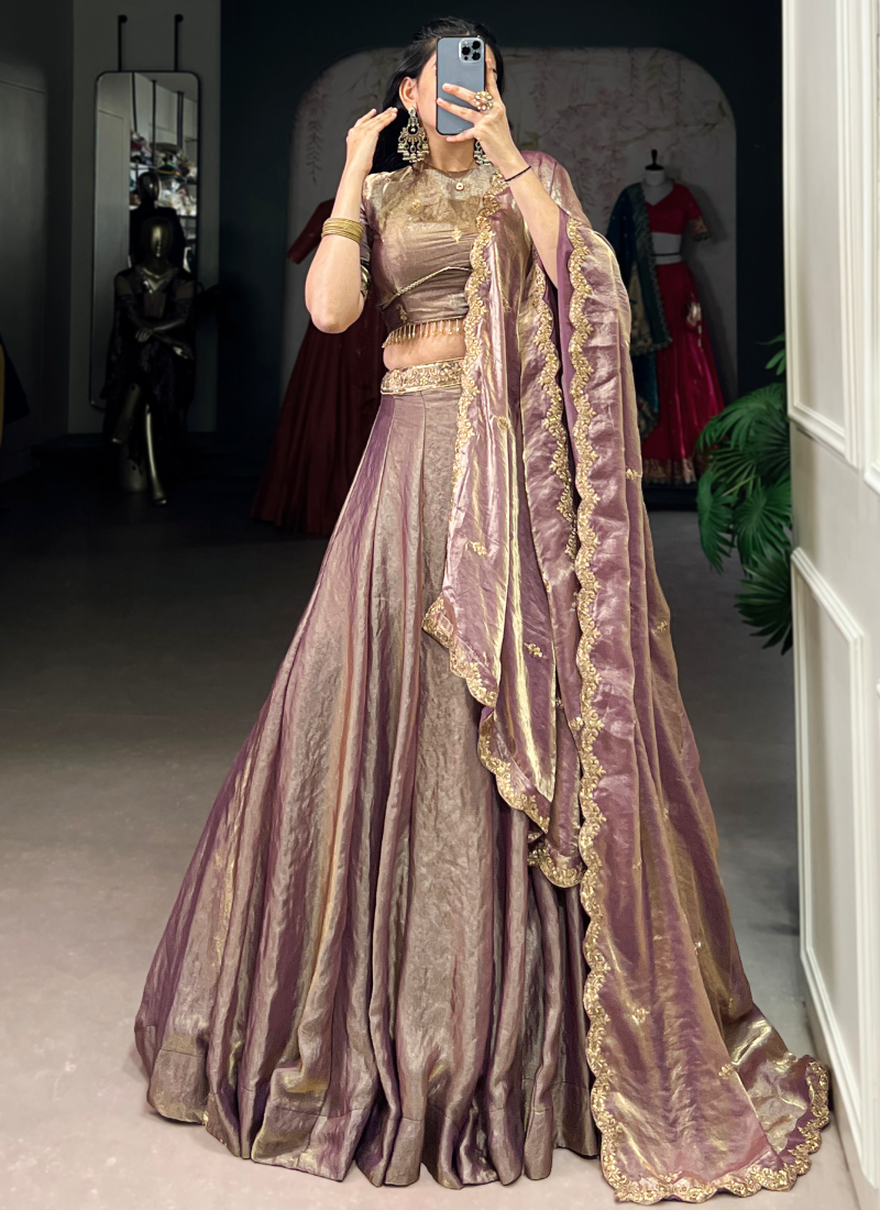 Purple Plain Fendi Organza Lehenga With Thread Embroidered Blouse