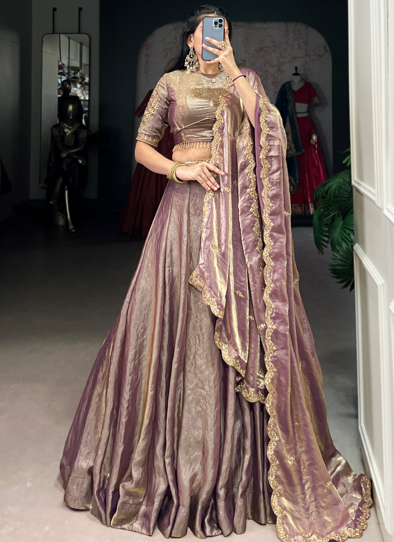 Purple Plain Fendi Organza Lehenga With Thread Embroidered Blouse