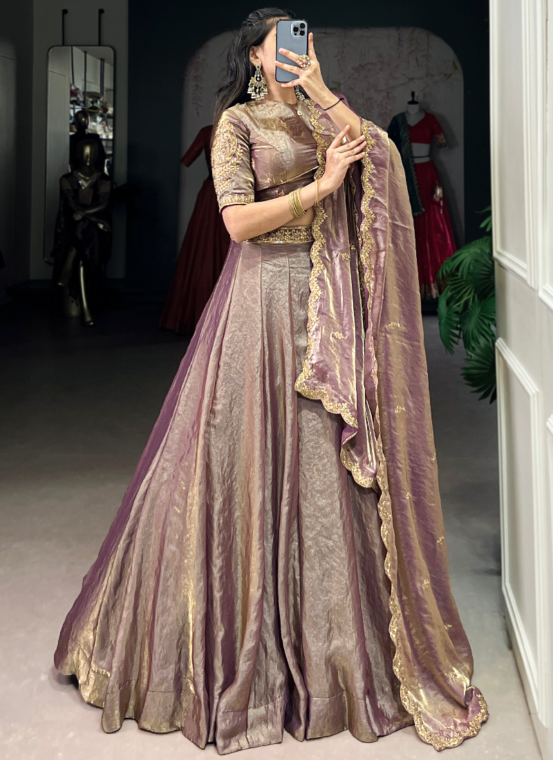 Purple Plain Fendi Organza Lehenga With Thread Embroidered Blouse