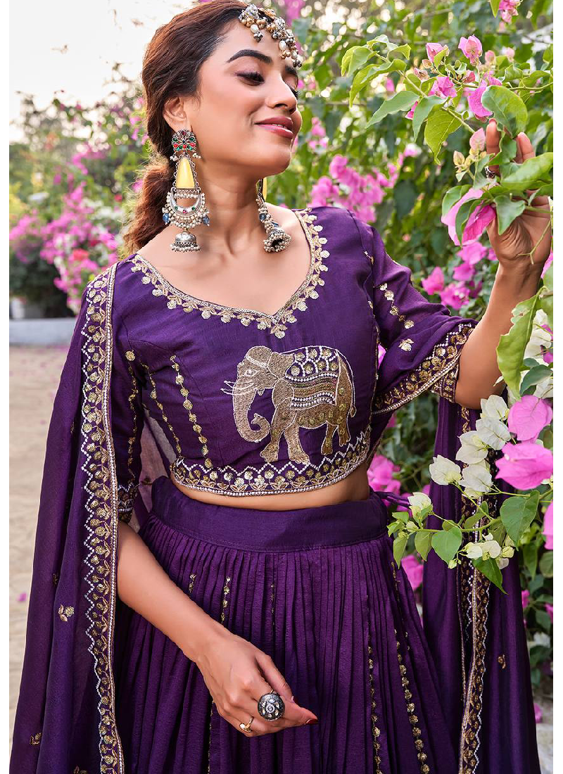 Purple Sequence Embroidered Vichitra Silk Lehenga Choli For Women