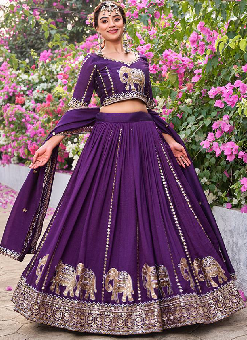 Purple Sequence Embroidered Vichitra Silk Lehenga Choli For Women